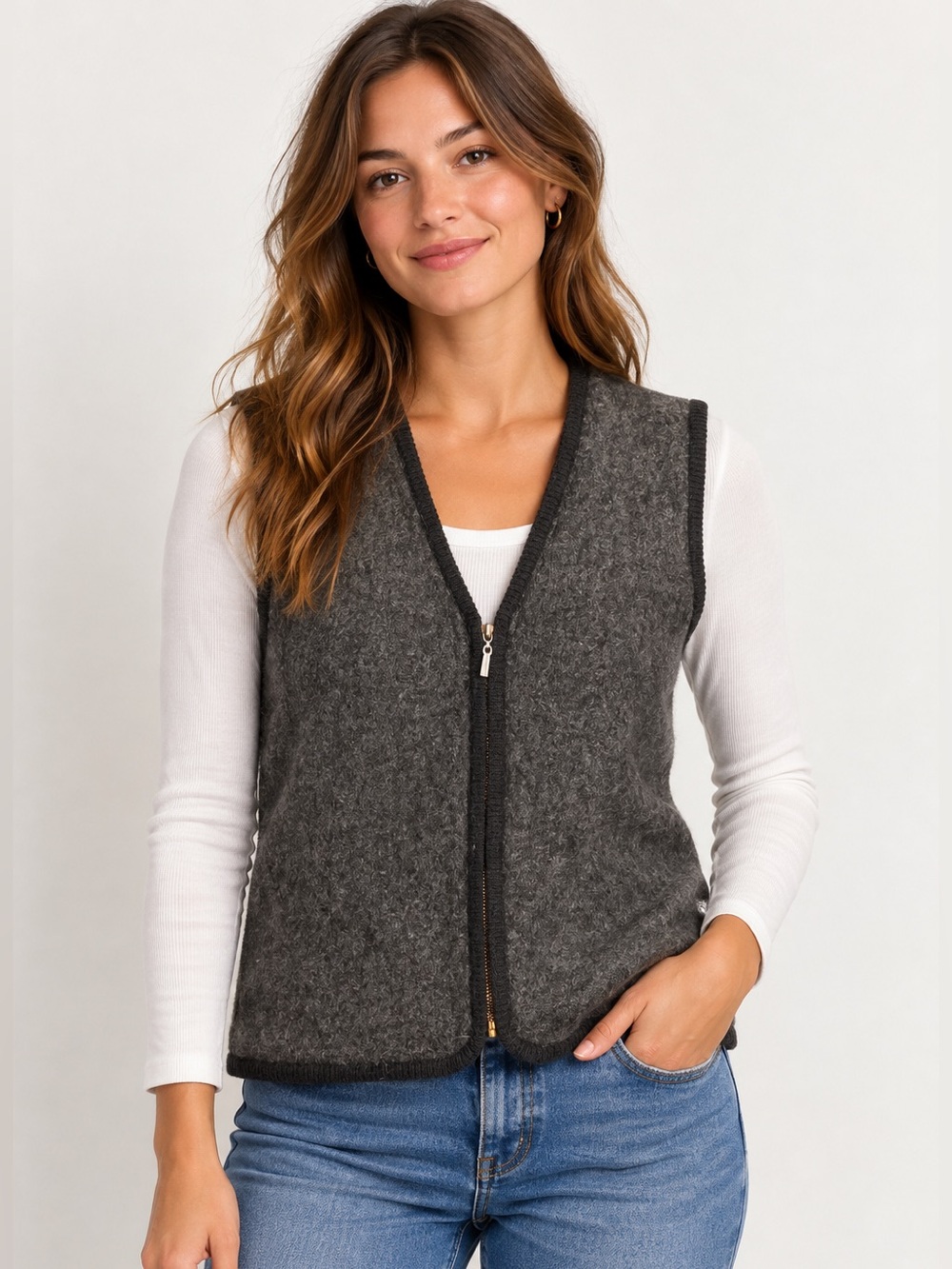 Vintage Style & Co Women’s XL Wool Blend Zip Front Sweater Vest Gray Black